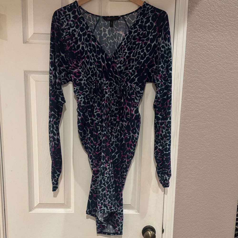BCBGMaxAzria Black and Pink Leopard Long Sleeve Dress